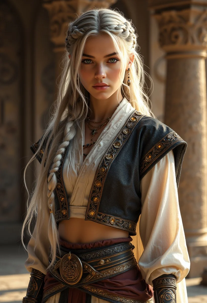 Overview Statement:
A mystical desert warrior-scholar with an elegant fusion of ancient Middle Eastern and East Asian influences, combining refined grace with martial prowess.
Traditional leather sandals
Physical Features:
- Face structure features high cheekbones, almond-shaped eyes with a piercing amber gaze
- Flowing platinum-silver hair cascading to mid-thigh, with wispy bangs and intricate side braids adorned with bronze ornamental beads
Outfit Breakdown:
Base Layer:
- Traditional leather sandals with cross-strapping to mid-calf
- Flowing ivory silk peasant blouse with gathered sleeves ending at elbows
- Fitted black brocade cropped vest with intricate bronze clasps and embroidery
- High-waisted harem pants in sand-colored raw silk, gathered at ankles
Ornate Details:
- Wide ceremonial belt featuring ancient script patterns in deep red and gold
- Bronze-worked accessories including spiral arm cuffs and layered earrings
Environmental Context:
- Ancient temple interior with intricate carved wall panels
- Spiral and geometric patterns in bas-relief stonework
- Warm sepia-toned ambient lighting suggesting late afternoon