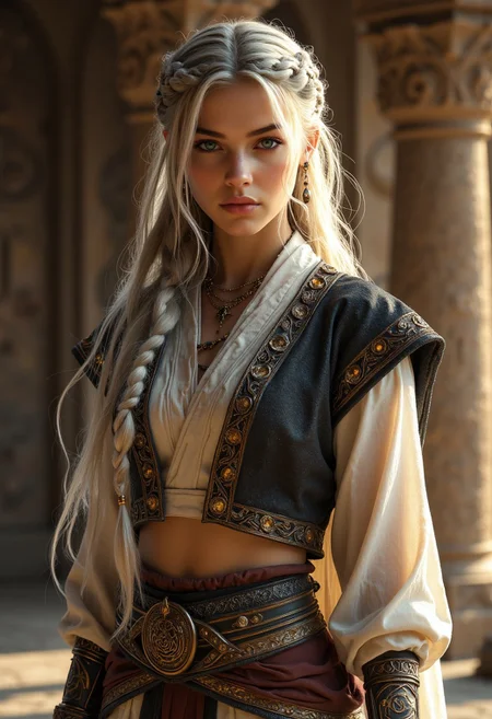 Overview Statement:
A mystical desert warrior-scholar with an elegant fusion of ancient Middle Eastern and East Asian influences, combining refined grace with martial prowess.
Traditional leather sandals
Physical Features:
- Face structure features high cheekbones, almond-shaped eyes with a piercing amber gaze
- Flowing platinum-silver hair cascading to mid-thigh, with wispy bangs and intricate side braids adorned with bronze ornamental beads
Outfit Breakdown:
Base Layer:
- Traditional leather sandals with cross-strapping to mid-calf
- Flowing ivory silk peasant blouse with gathered sleeves ending at elbows
- Fitted black brocade cropped vest with intricate bronze clasps and embroidery
- High-waisted harem pants in sand-colored raw silk, gathered at ankles
Ornate Details:
- Wide ceremonial belt featuring ancient script patterns in deep red and gold
- Bronze-worked accessories including spiral arm cuffs and layered earrings
Environmental Context:
- Ancient temple interior with intricate carved wall panels
- Spiral and geometric patterns in bas-relief stonework
- Warm sepia-toned ambient lighting suggesting late afternoon