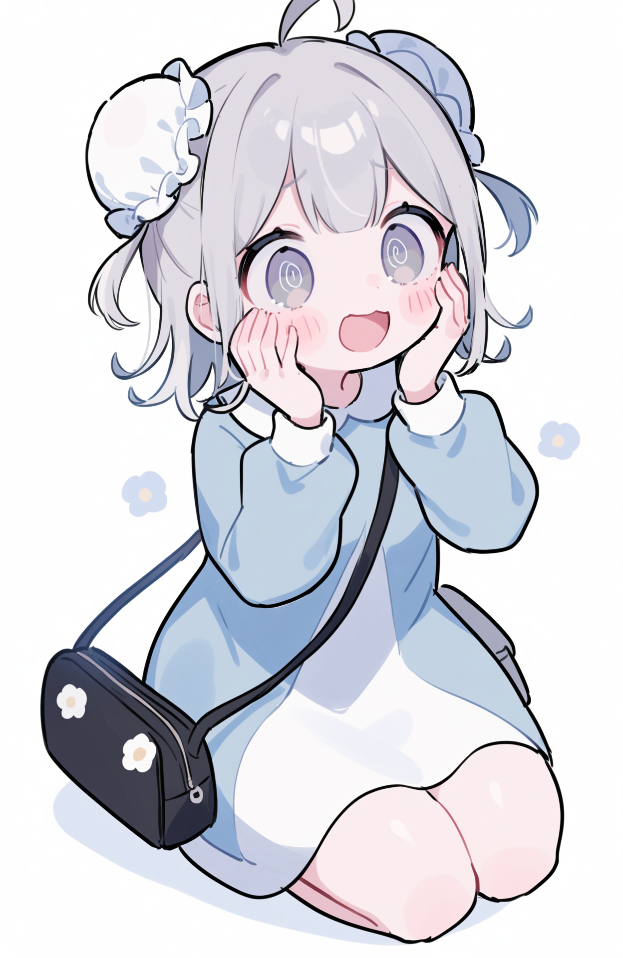 1girl,@_@,solo,double bun,white background,ahoge,long sleeves,hands on own face,open mouth,blush,hair bun,hands on own cheeks,simple background,seiza,bag,dress,sitting,two side up,grey eyes,full body,white hair,shoulder bag,grey hair,flower,hands up,bun cover,medium hair,smile,
<lora:Lovely-000036:0.6>,