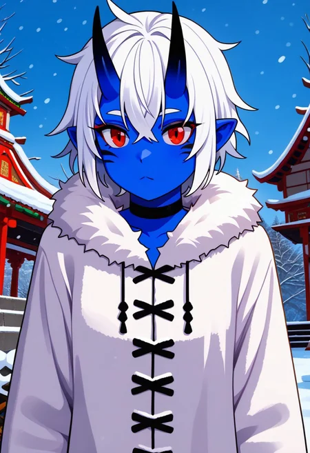 (flat colour), 1girl, 25 years old, perfect face, cute, petite, red eyes, white hair, short hair, messy hair, crossed bangs, hair between eye, pointy ears, black choker, (blue skin:1.2), (oni:1.2), blue oni, facial tattoo, Winter Fur Coat, tattoos, Tribal architecture, animal skin tents, south pole, cowboy shot,