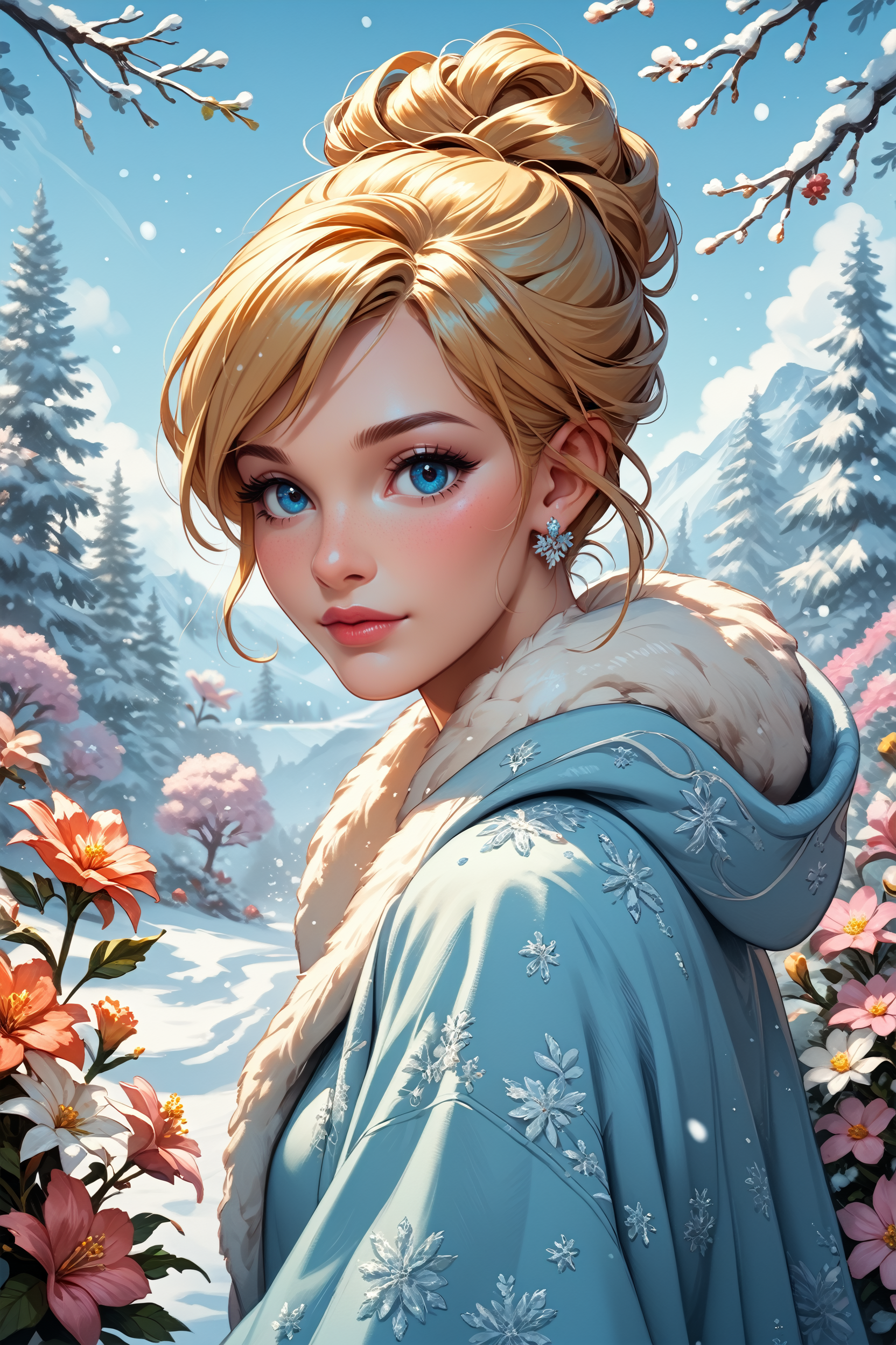 score_9, score_8_up, score_7_up, score_6_up
<lora:DCinderella:0.8>
DCinderella, 1girl, blonde hair, hair updo, blue eyes, looking at viewer, in winter,seasonal flower,seasonal background,flower background, posing