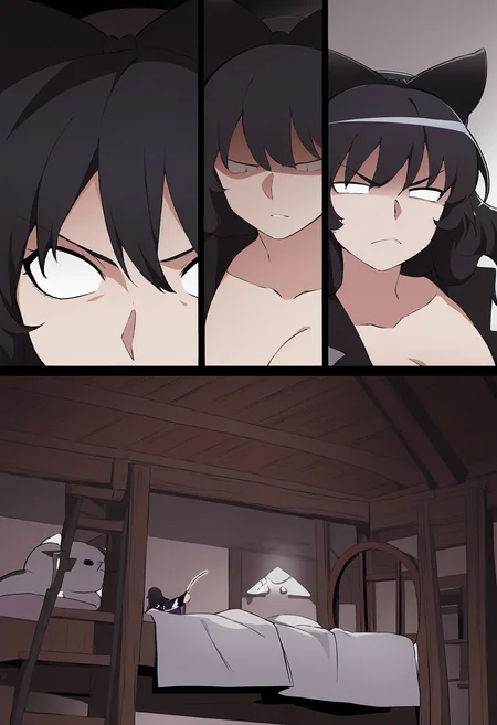 masterpiece, best quality, <lora:age_slider_v4:4>,detailed_background,indoors,kuma \(bloodycolor\),long hair,angry,rwby,bunk bed,black hair,blake belladonna,blank eyes,bed,shaded face,cat teaser