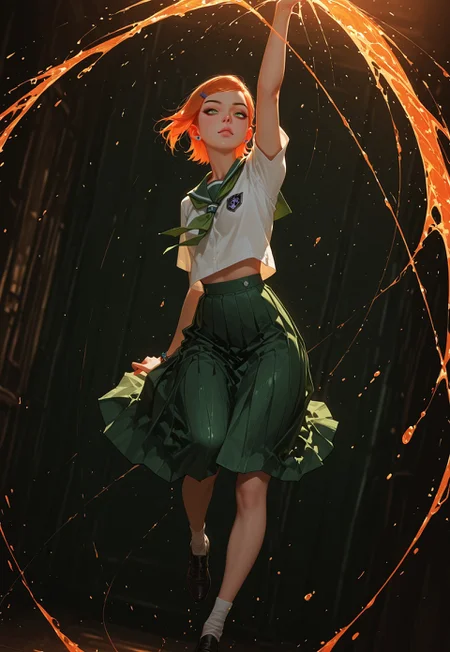 very detailed, flat color, no lineart, Vibrant Contrast, gradient colors, particle effect, (fine fabric emphasis:1.2), (((masterpiece, amazing quality, best quality, ultra-detailed, 8K, illustration, amazing quality, newest, absurdres, realistic))), highres, very aesthetic, absurd res, hi res, very awa, dynamic angle, refined, volumetric lighting, cinematic lighting, blurry background, close up vivid colors, ((source_realistic:1.6)), hyper detailed, (dynamic pose:1.4), depth of field, photorealistic colors,
1girl, gwen tennyson (/Ben10)/,(ultra HD quality details), bright orange hair, short hair, (green eyes) school uniform, jumper is blue with green stripes in the waist and the neck, pleated skirt, long skirt, socks, white shirt, eyeliner, gorgeous lips, cinematic,