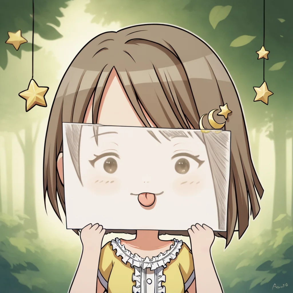 score_9, score_8_up, score_7_up, <lora:PaperLikeFacePony:0.6>
PaperLikeFace, 1girl, solo, short hair,detailed forest backround, brown hair, shirt, hair ornament, holding, upper body, short sleeves, frills, tongue, tongue out, chibi, star (symbol), :3, crescent, yellow shirt, star hair ornament, paper, crescent hair ornament, holding paper with emoji face on it,