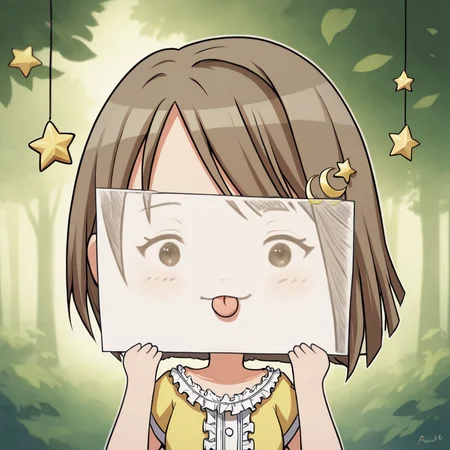 score_9, score_8_up, score_7_up, <lora:PaperLikeFacePony:0.6>
PaperLikeFace, 1girl, solo, short hair,detailed forest backround, brown hair, shirt, hair ornament, holding, upper body, short sleeves, frills, tongue, tongue out, chibi, star (symbol), :3, crescent, yellow shirt, star hair ornament, paper, crescent hair ornament, holding paper with emoji face on it,