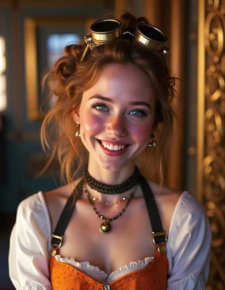 Whimsical steampunk beauty, radiant smile, freckled face. Messy updo with loose curls, golden-brown hair. Piercing blue eyes, long lashes. Brass goggles atop head. Ornate choker and delicate necklaces. Sunlit skin, rosy cheeks. Shimmering orange corset top. Victorian-inspired white blouse. Intricate background with gilded details. Warm, ethereal lighting. Hyper-realistic portrait style. Blend of vintage and fantasy elements. Sparkles and lens flares. Soft bokeh effec
