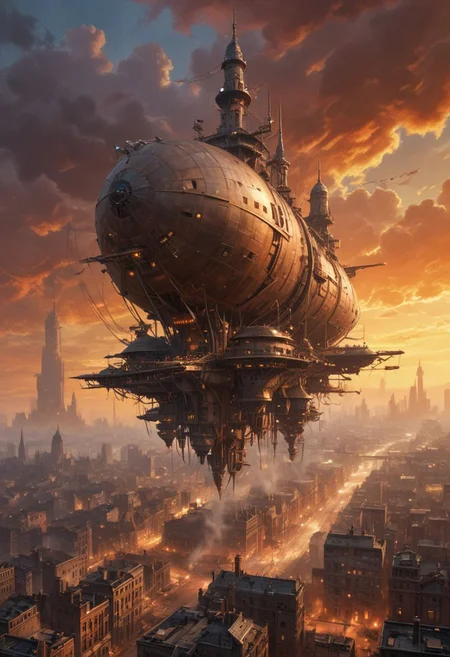 Arial, downward angled, expansive photograph, ((colossal flying city in the sky is hovering ahead at a distance), in a (dramatic sky streaked with orange and hues of a setting sun), (the flying city, is supported by massive, churning propellers and jet engines spewing thick black smoke)),
((The flying city's cityscape is a labyrinth of metal and rivets, with jagged spires and towers bristling with antennas, pipes, radar dishes, suspended walkways and bridges connect various parts of the city, rust-streaked fuel tanks and oil drums are bolted onto buildings, connected by thick tubes), (buildings vary from gothic cathedrals with stained glass windows to utilitarian factories with soot-stained chimneys)),
<<BREAK>>
((A cluster of zeppelins and airships hovers near the flying city, docked to gantries, below, a massive rotating turbine creates a shimmering heat haze, adding to the city's fortress-like presence),
((The industrial aesthetic, scene is illuminated by the warm glow of incandescent lamps and occasional sparks from welding torches, highlighting the contrast between the mechanical and the signs of human life))