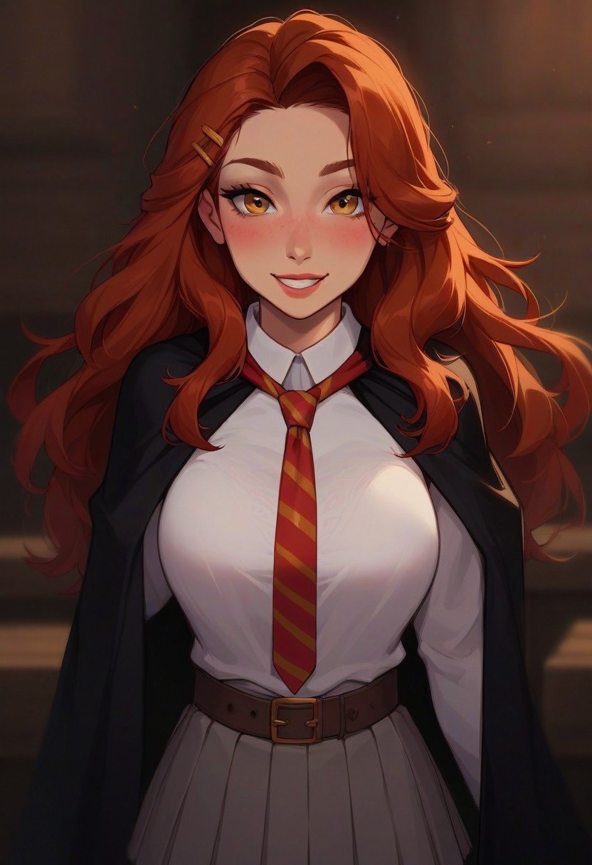 score_9, score_8_up, score_7_up, score_6_up, Expressiveh, very aesthetic, cute, sexy, hot, blush, flushed, blushing, bokeh:1.2, ((gray pleated skirt, hogwarts uniform, Gryffindor uniform, Hogwarts, Ginny Weasley, straight red hair, straight hair:1.2, middle part:1.2, black cloak, white dress shirt, red and gold tie:1.4, gray skirt, gray stockings, thighhighs)), (striped tie:1.3, her tie is red and gold), hair clip, belt, bright brown eyes, red hair, bright red hair, white sleeves, (long hair, waist length hair), ((maroon hair:1.4, dark red hair, black cape, cloak)), dynamic pose, ((solo, 1girl)), ((portrait, face focus:1.4 close up, smile, smiling)),