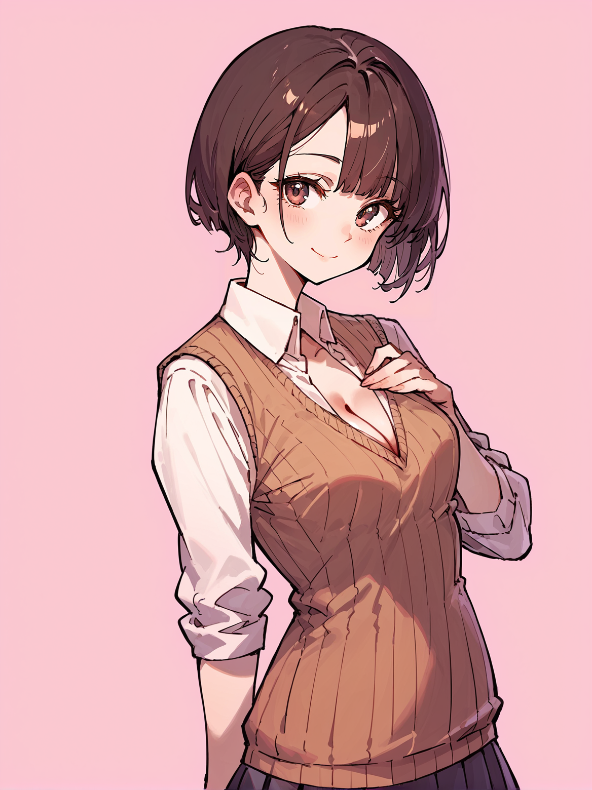 score_8_up, score_7_up, score_6_up, source_anime, 1girl, solo, simple background, pink background,
standing, pose, contrapposto, arched back, cowboy shot, facing viewer
smile, 
 <lora:Shirt_Vest_Cleavage:1>
sweater vest, collared shirt, cleavage, pleated skirt
