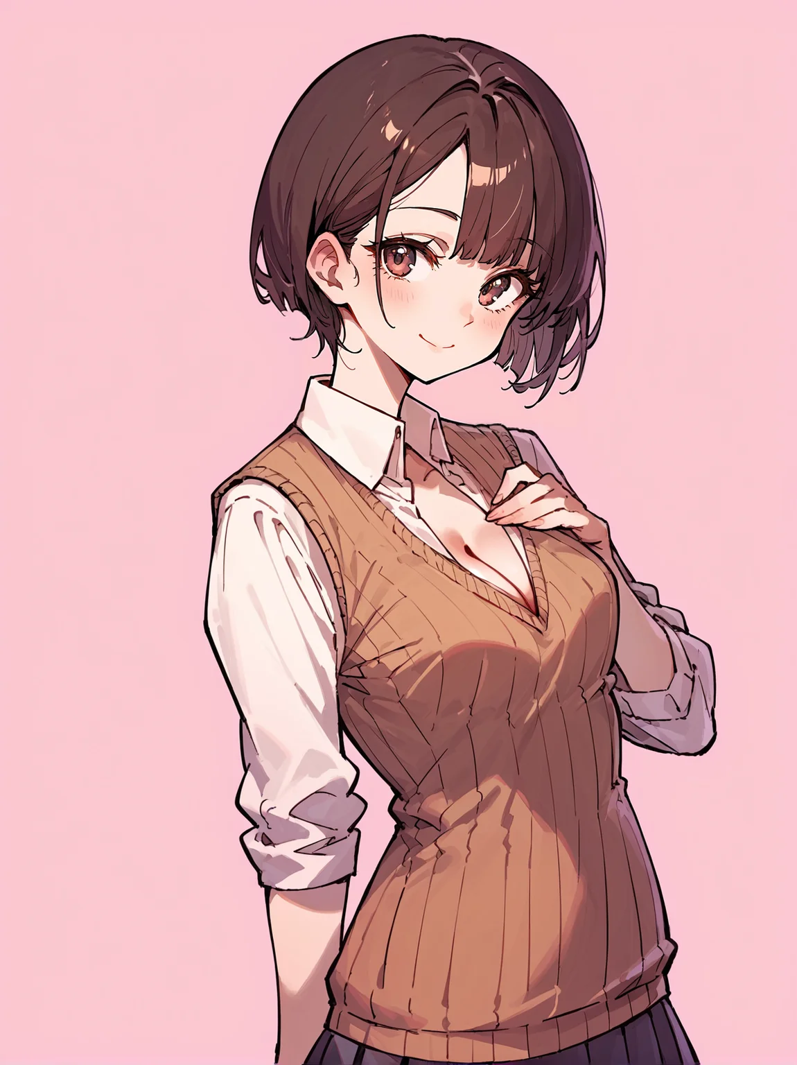 score_8_up, score_7_up, score_6_up, source_anime, 1girl, solo, simple background, pink background,
standing, pose, contrapposto, arched back, cowboy shot, facing viewer
smile,
<lora:Shirt_Vest_Cleavage:1>
sweater vest, collared shirt, cleavage, pleated skirt