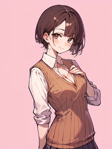 score_8_up, score_7_up, score_6_up, source_anime, 1girl, solo, simple background, pink background,
standing, pose, contrapposto, arched back, cowboy shot, facing viewer
smile,
<lora:Shirt_Vest_Cleavage:1>
sweater vest, collared shirt, cleavage, pleated skirt