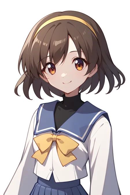 score_9,score_8_up,score_7_up,score_6_up,score_5_up,score_4_up,score_9,
imasaka yue \(memories off\),sumisora uniform,yellow hairband,black bodysuit,blue pleated skirt,yellow bow,faceless female,flat colors,
1girl,solo,white background,upper body,looking at viewer,smile,looking at viewer,MinimalStyle,
<lora:ImasakaYuePony:0.8>,<lora:PonyMinimalStyle:1>,