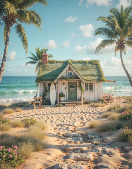 a cute beach house, surfer's paradise, a surfer's house, surf board standing up against the house, golden sands merging with cerulean waters, improbable horizon bending, dreamlike surrealism, high detail, ambient light, vaporwave hues, photorealistic, realism <lora:Cottagecore_Flux:0.8> c0ttagec0re