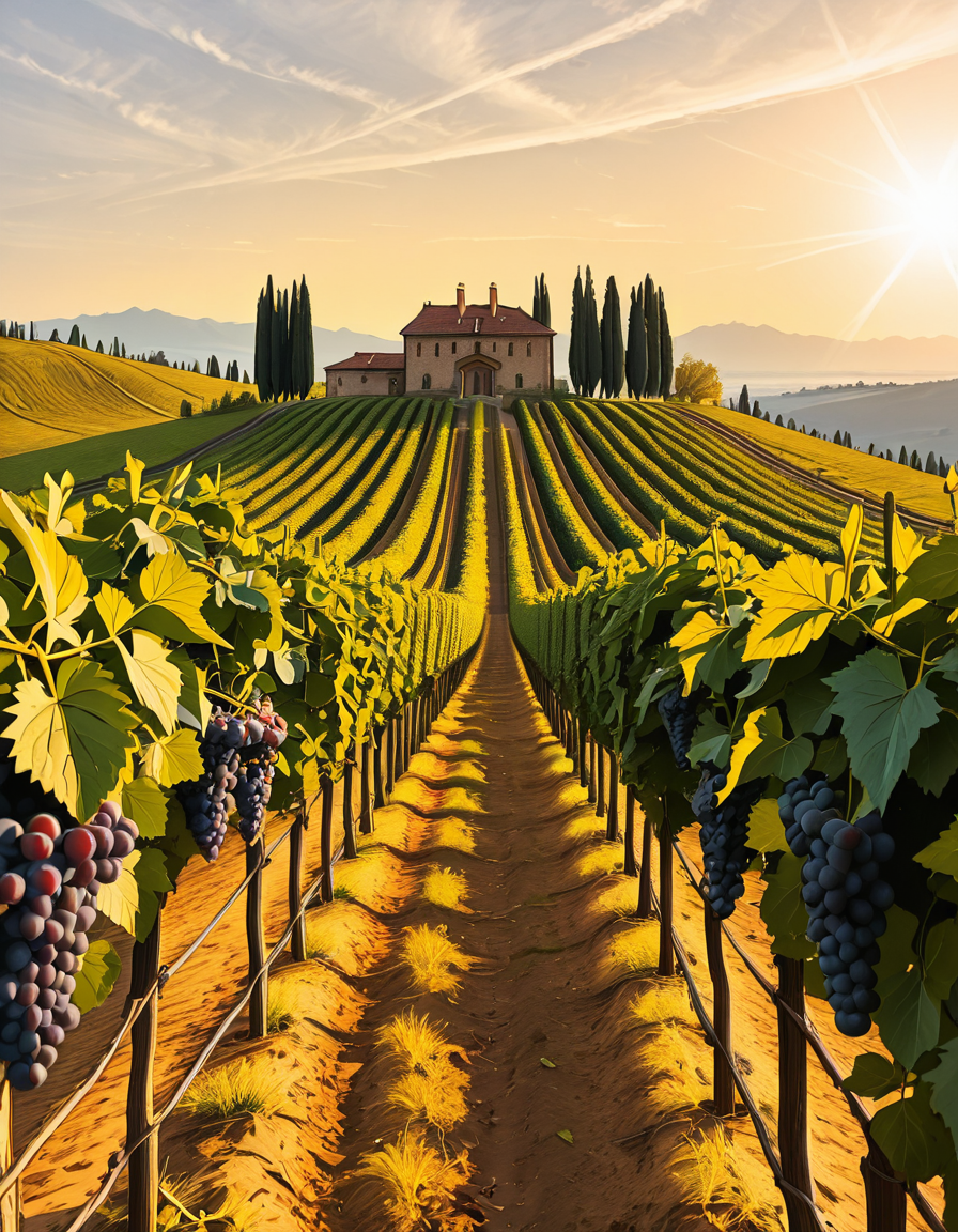 A breathtaking vineyard stretching across rolling hills, bathed in the warm golden light of late afternoon. The neatly aligned rows of grapevines are lush and vibrant, their deep green leaves contrasting with the rich, fertile soil beneath them. The vines are heavy with ripe, plump grapes in shades of deep purple and rich green, glistening under the sunlight. In the background, a rustic stone farmhouse with a terracotta roof sits atop a small hill, surrounded by tall cypress trees. A narrow dirt path winds through the vineyard, leading towards the farmhouse. The sky is a soft blue with wispy clouds scattered across the horizon. In the distance, a range of low mountains adds depth to the landscape. The atmosphere is peaceful and idyllic, evoking the charm of a traditional wine-growing region like Tuscany or Bordeaux. 
<lora:SDXLFaeTastic2400:0.4> <lora:extremely_detailed:0.4> extremely detailed
,v1n3y4rd <lora:v1n3y4rd-i:1>, Masterpiece,best quality,hi res,8k,hi res,8k,award winning,(sharp focus, intricate, highly detailed),