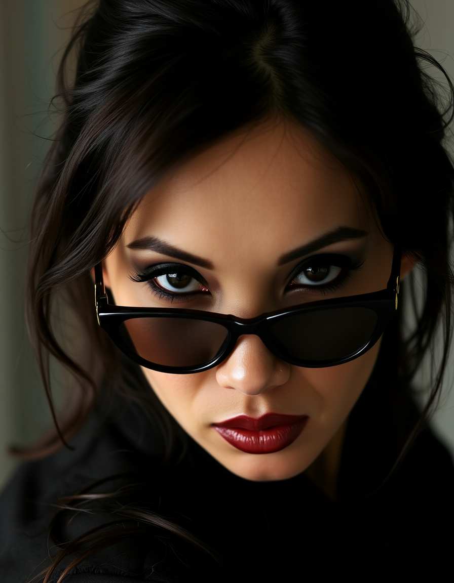 A striking portrait of a fierce woman with piercing eyes and bold, direct eye contact. She wears natural-looking brick-red lipstick and large, avant-garde glasses. The composition embodies a high-fashion editorial aesthetic, blending ethereal beauty with dramatic shadows and luxurious fashion details. The zoomed-out perspective places the subject in 30% of the frame, leaving ample negative space around her head for a modern, minimalist feel. The subtle 3D effect enhances the visual depth, creating a captivating and dynamic image.