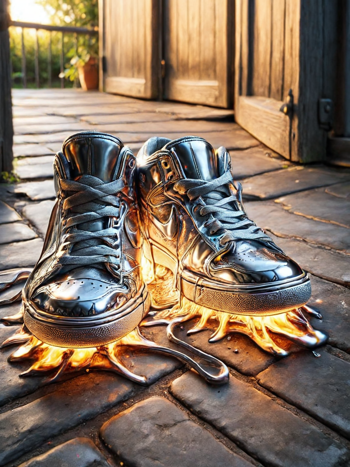 ais-moltenz old pair of sneakers, next to the backdoor <lora:Molten_Metal_SDXL:1>