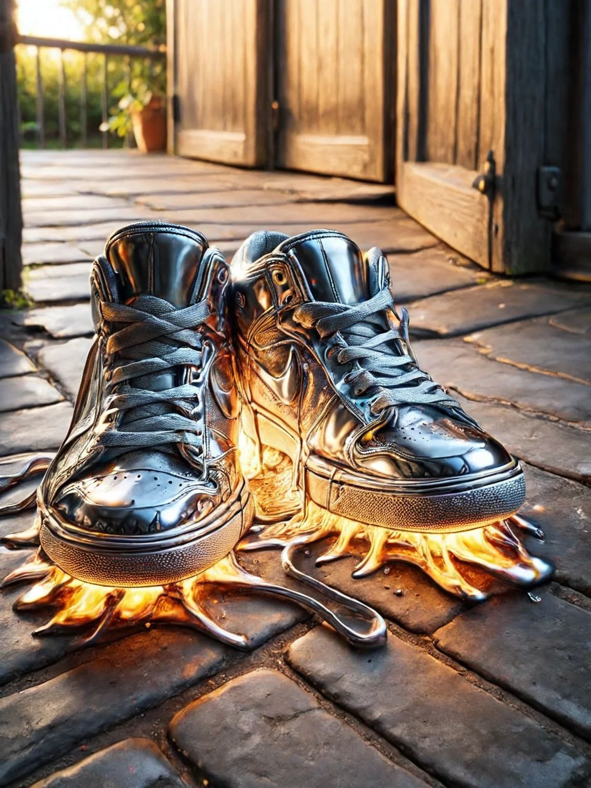 ais-moltenz old pair of sneakers, next to the backdoor <lora:Molten_Metal_SDXL:1>