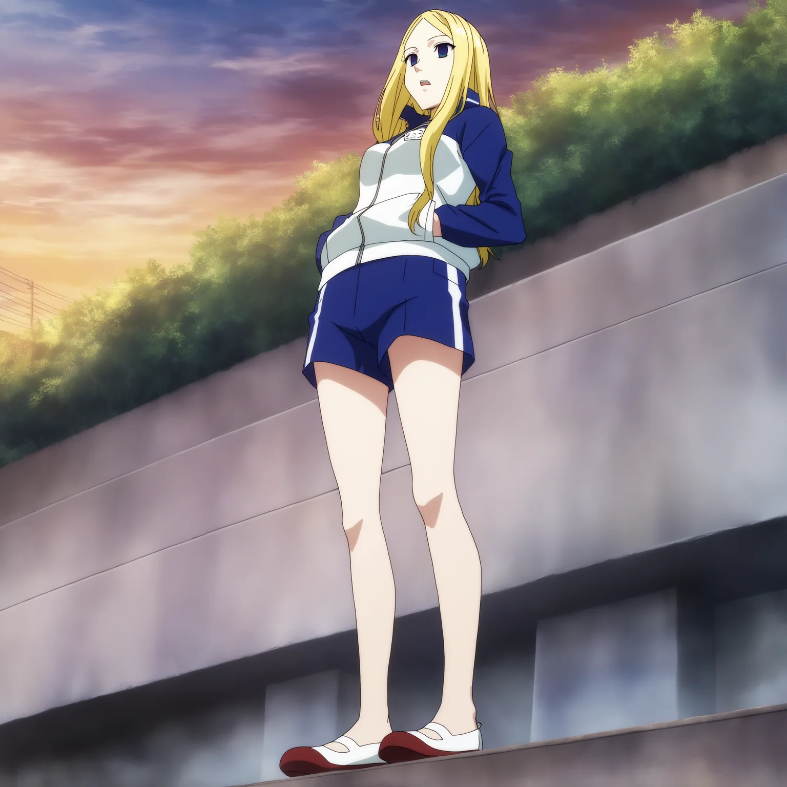 sharp focus, pixiv masterpiece, score_9, score_8_up,  source_anime, score_7_up, best quality, high res, absurd res, BREAK
<lora:Nino_arakawa_under_the_bridge_illu_v38:1>,nino_arakawa_il, (1girl, solo:1.5), blonde_hair, blue_eyes, blue_white_tracksuit, number_tag, long_hair,(anime_screencap:1.1),  riverside, blue_shorts, side_stripes, uwabaki_shoes, standing, (from below:1.1), full body, low angle, hands_in_pockets