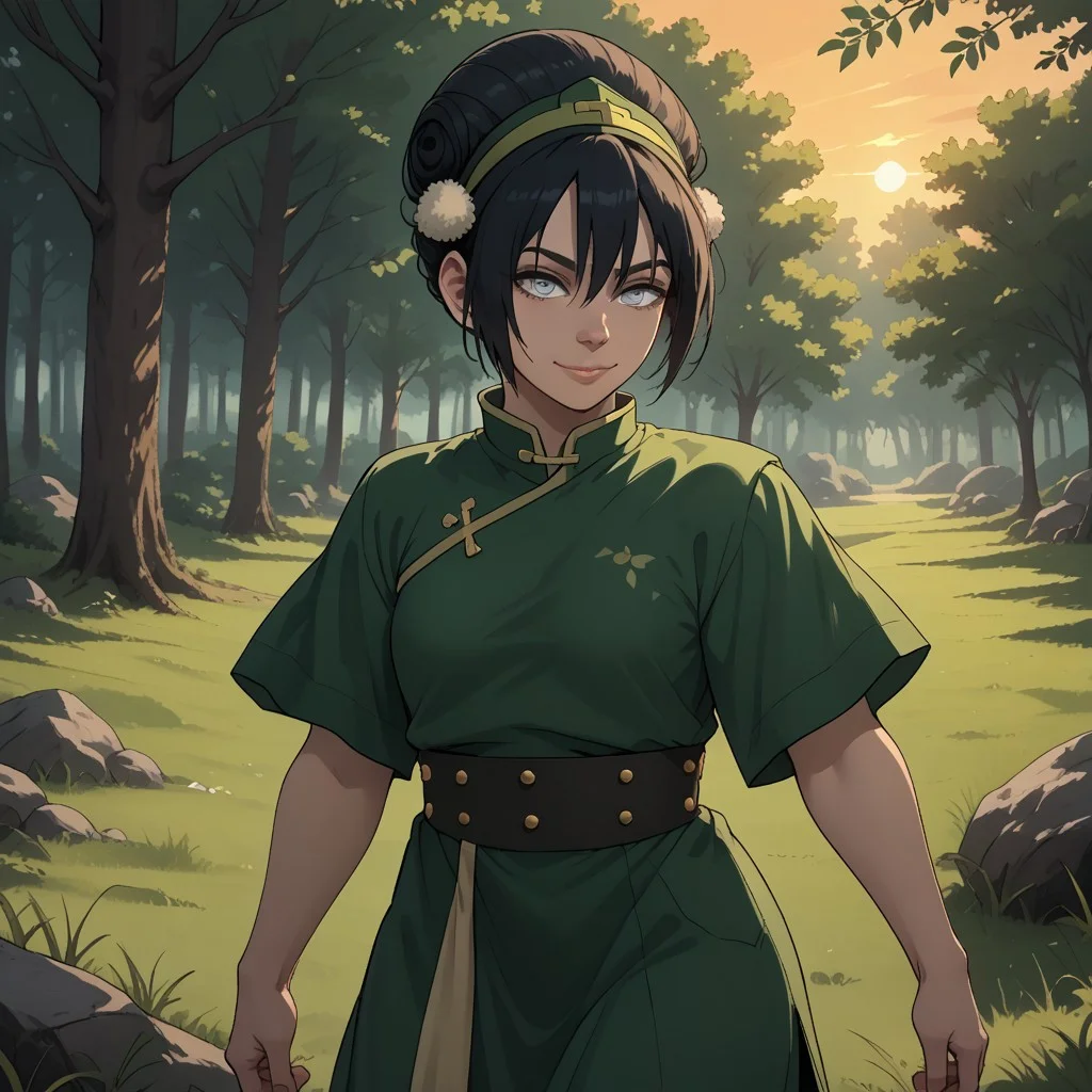 score_9, score_8, BREAK, solo, black hair, short hair, bangs, grey eyes, hair bun, hairband, short sleeves, green tunic, chinese clothes, green baggy capri pants, barefoot, Toph_Bei_Fong_(Avatar), sexy pose, self portrait, smile, outdoors, sunlight, shadows, evening lighting, natural lighting, forest, trees, grass, orange sky, sunset