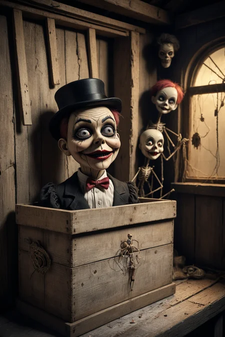 A ventriloquists dummy,old and eerie,emerging from a weathered wooden box in a spooky attic,adorned with vintage marionettes and cobwebs,inspired by the whimsical and macabre style of Mab Graves. Create a hauntingly beautiful and detailed image,using soft and eerie lighting,with a focus on capturing the intricate details of the ventriloquist's expression and the decaying surroundings. Utilize high-quality digital art tools for a mesmerizing and chilling final result.,<lora:luxart:0.6>,