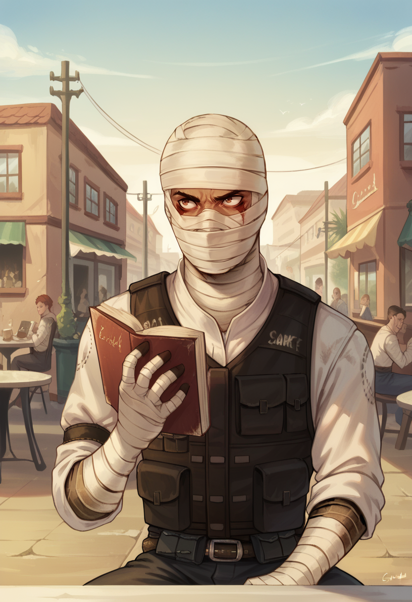 score_9, score_8_up, score_7_up, 1boy, solo,
ss-J0shGrm, bandages, bandage headwrap, bandaged hands, burned face, bulletproof vest, white shirt, skinny, slim,
holding book with one hand, upper body, outdoors, sitting at cafe, modern city streets, looking in book,
<lora:Joshua_Graham_OutfitCharacter_-_Fallout_New_Vegas:0.8>,   <lora:Krys_Decker_-_Artist_style:0.8> ss-krd_o,