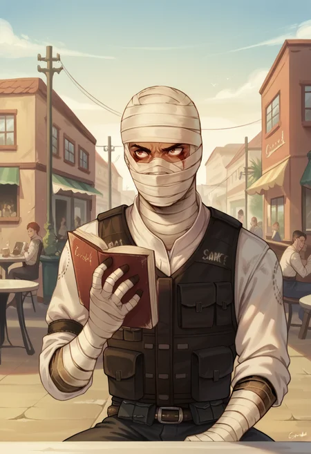 score_9, score_8_up, score_7_up, 1boy, solo,
ss-J0shGrm, bandages, bandage headwrap, bandaged hands, burned face, bulletproof vest, white shirt, skinny, slim,
holding book with one hand, upper body, outdoors, sitting at cafe, modern city streets, looking in book,
<lora:Joshua_Graham_OutfitCharacter_-_Fallout_New_Vegas:0.8>, <lora:Krys_Decker_-_Artist_style:0.8> ss-krd_o,