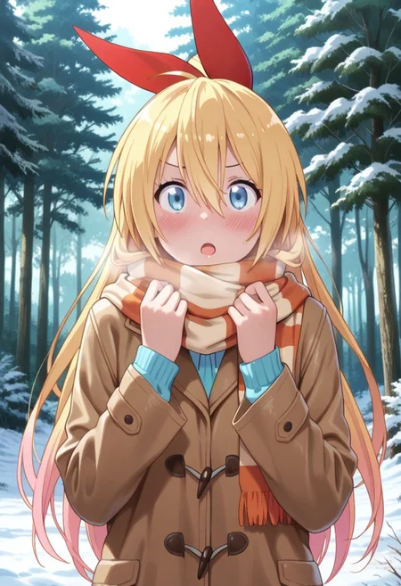 masterpiece,best quality,amazing quality, kirisaki chitoge, long hair, blonde hair, blue eyes, 1girl, blush, solo, scarf, open mouth, tree, looking at viewer, outdoors, hair between eyes, nature, forest, upper body
