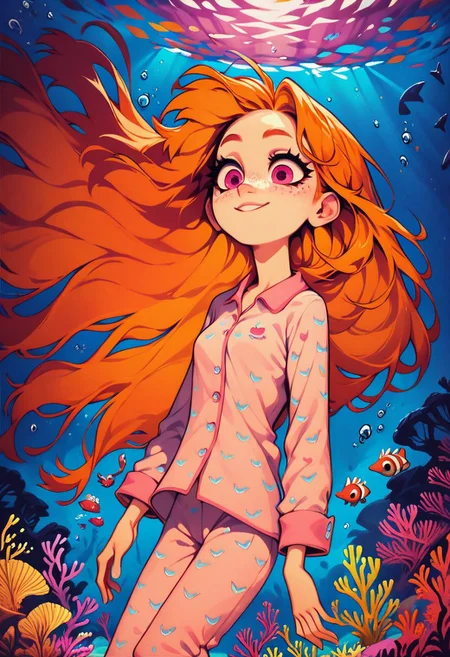 f3nn3r, Expressiveh, (trippy), score_9, score_8_up, score_8, abstract enviroment, medium breasts, solo, 1girl, (skinny), [shortstack], cute, eyelashes, firm breasts, night, underwater, floating, whale, coral, rating_sugestive, vivid colors, close-up, light smile,
freckles, long hair, orange hair, pink eyes, bashful,  pleasured, pajamas, dynamic angle,