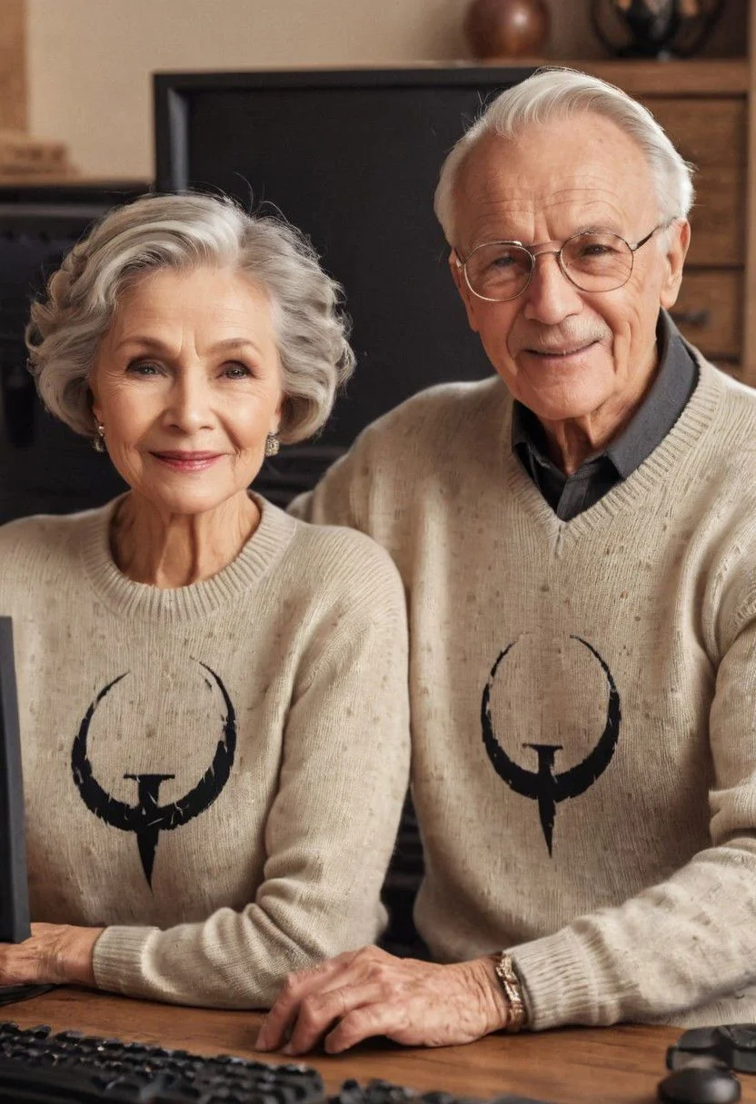 happy elderly couple in beige knitted sweater with black quake icon, quake icon, smiling to camera infront of classic desktop pc, text="quake is forever"
very detailed, atmospheric haze, Film grain, cinematic film still, shallow depth of field, highly detailed, high budget, cinemascope, moody, epic, OverallDetail, gorgeous, 2000s vintage RAW photo, photorealistic, candid camera, color graded cinematic, eye catchlights, atmospheric lighting, skin pores, imperfections, natural, shallow dof