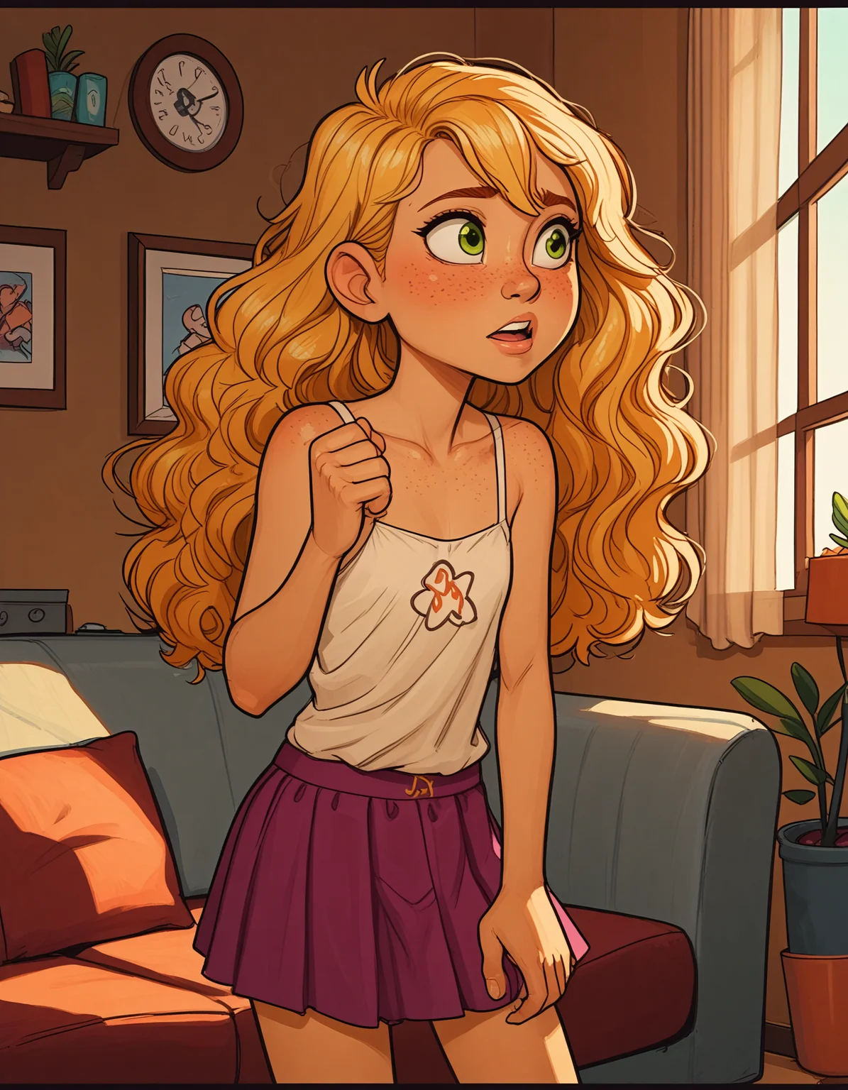 score_9, score_8_up, score_7_up, 1girl, goldieblox, long hair, blonde hair, freckles, green eyes, face, perfect cute face, flat chest, blushing, (embarrassed:0.4), commix style, camisole, skirt, living room, indoors