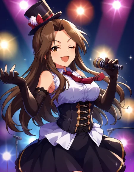 score_9,score_8_up,score_7_up,1girl,solo,cowboy shot,looking at viewer,smile,wink,open motuh,singing,stage lights,holding microphone,
<lora:komurochinami_ponyXLV6:0.8>,cgkcn,brown hair,long hair,brown eyes,
mini hat,top hat,necktie,sleeveless,white shirt,corset,black elbow gloves,black skirt