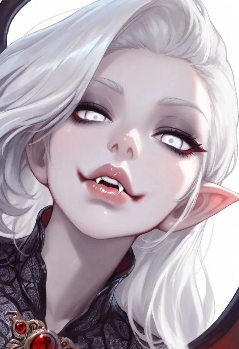 masterpiece, best quality, amazing quality, intricate detail, highly detailed, absurdres, vampire woman,beautiful,she have fangs,white long hair and complete white eyes, dynamic angle, , Detailed lips, wide lips, soft lips, pale lips, glossy lips, lip gloss front view, looking at viewer, dynamic angle, <lora:SmoothStyle_Omega:1>