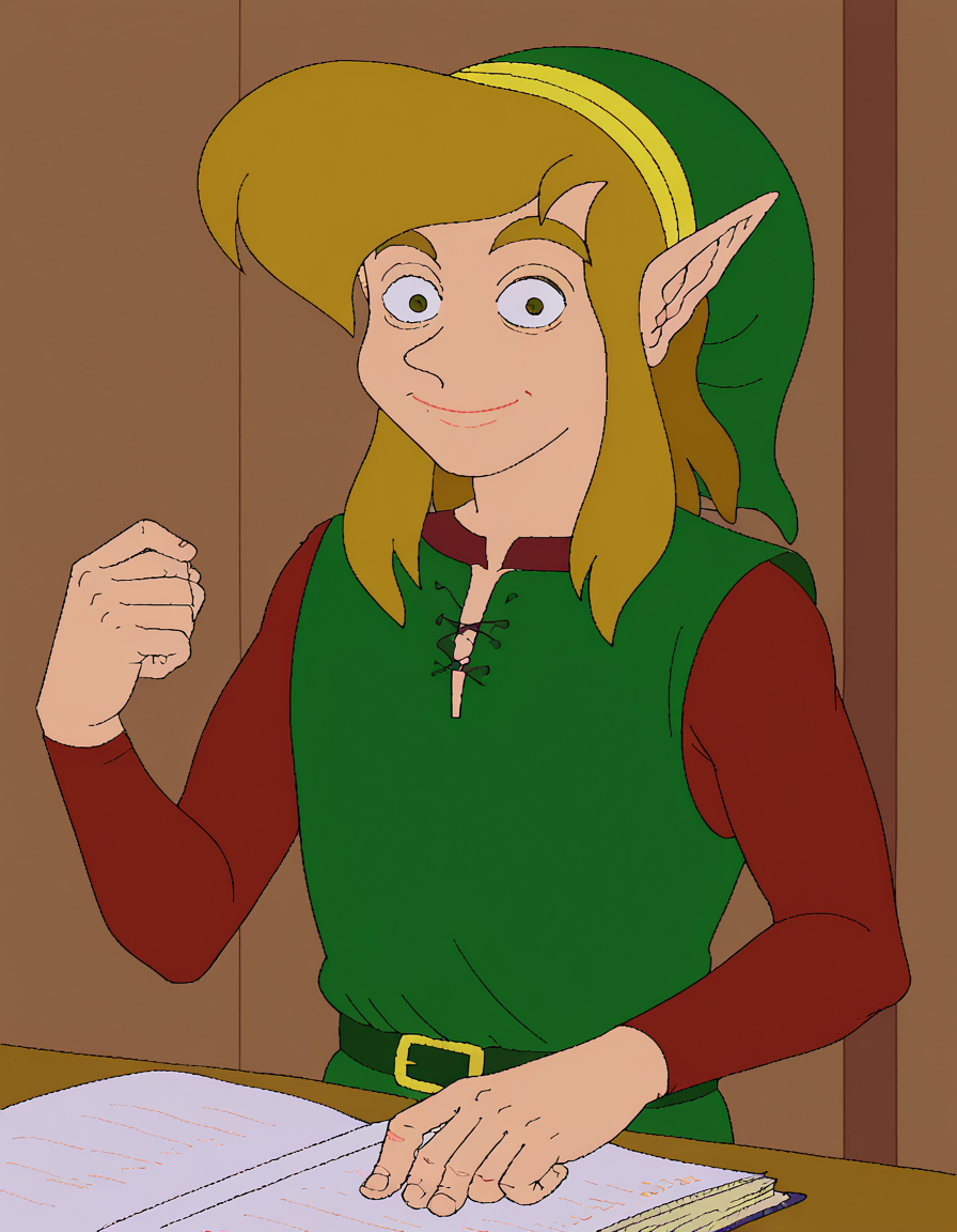 indoors, 2D, flat shading, flat color, jaggy lines, 1boy, solo, link, legend of zelda, looking at viewer, portrait, smile, closed mouth, constricted pupils, green tunic, brown shirt <lora:cdiStyleSDXL:1>