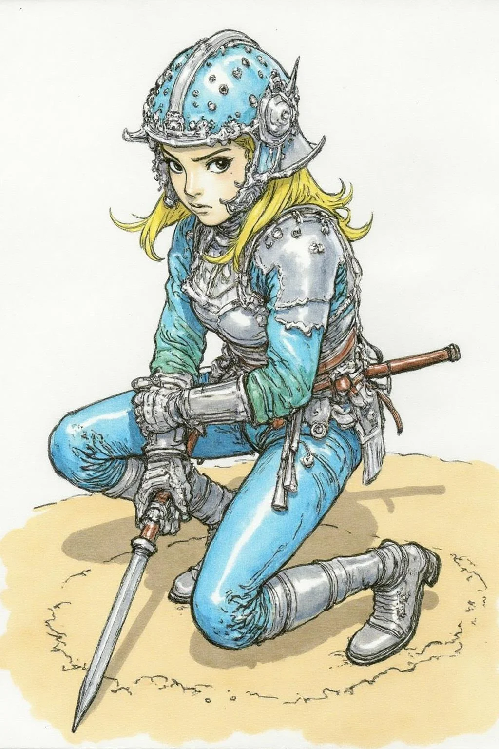 kj9 illustration.
A young female warrior crouched on the sandy ground. The young woman has a determined and focused expression. She is are dressed in a blue, armored suit with intricate, silver accents on the helmet and shoulder pads. She hold an antigue musquet in her hands. <lora:kj91_cap_d6a3e12:1.0><lora:819909184075314853:0>