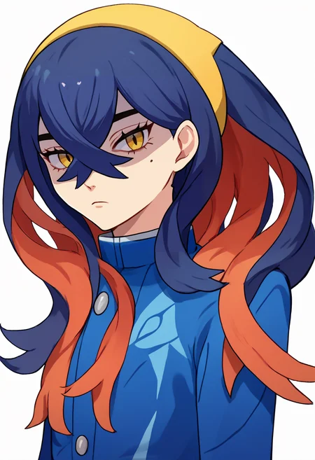 score_9, score_7_up, source_anime, zeroazureportraits, simple background, white background, solo, upper body, 1girl, pokemoncarmine, mole under eye, shaded face, expressionless, looking at viewer, standing, hairband, blue jacket, long sleeves <lora:zs_ZeroAzurePortraitsXL:1> <lora:pokemon_carmine_ponyXL:1>