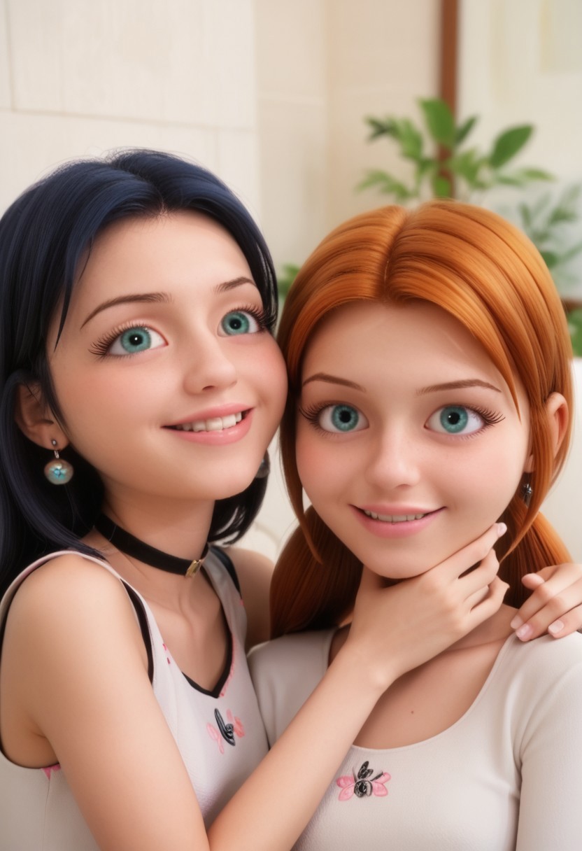 score_9, score_8_up, score_7_up, score_6_up, 
2girls, sitting together, on a couch, (leaning against each other, head on shoulder, cheek to cheek:1.4),
1girl, Sabrina Raincomprix, long hair, orange hair, green eyes, fair skin, earrings, white blouse, choker, 
1girl, Marinette Dupain-Cheng, long hair, bright bluebell eyes, black hair, twin tails, earrings, red blouse, choker, 
perfect eyes, real skin, amateur, photo, solo, perfect face, perfect eyes, sexy, beautiful eyes, petite body, 
masterpiece, best quality, amazing quality, 
heavy blush, thick dark eyelashes, tiny body,
(skinny girl), on a couch, family home, living room, wall pictures, plants,
blurry background, lot of people in background, shy expression, depth of field, volumetric lighting, biting lips, vibrant colors, intricate details, 
smiling, teeth, arms crossed, close up on face, real skin,