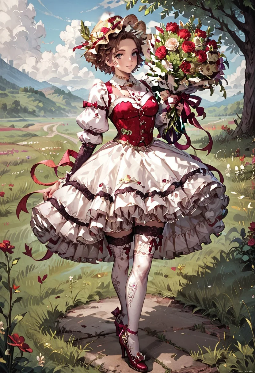 score_9, score_8_up, score_7_up,perfect eyes,hi_res,sweetheartmiranda,1girl, solo, flower bouquet, short hair, hat, thighhighs, frills, purple eyes, dress, puffy sleeves, hat, feather hat, flower, brown hair, ribbon, high heels, grass field