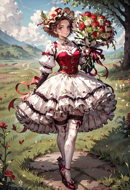 score_9, score_8_up, score_7_up,perfect eyes,hi_res,sweetheartmiranda,1girl, solo, flower bouquet, short hair, hat, thighhighs, frills, purple eyes, dress, puffy sleeves, hat, feather hat, flower, brown hair, ribbon, high heels, grass field