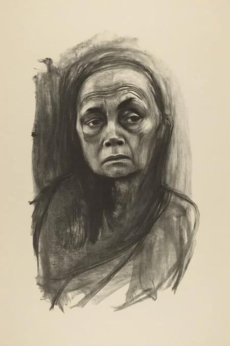 kako1 black and white charcoal drawing. 
The image is a monochromatic drawing rendered in charcoal on a light beige background. It depicts a haunting, stylized figure of an old woman with a deeply expressive face. Her facial features are exaggerated, with a prominent forehead, sunken eyes, and a downturned mouth, conveying a sense of sorrow or contemplation. Her skin is rendered in deep, dark shades of charcoal, giving it a rough, textured appearance. <lora:kako1_litho_nocap_d6a3:1.0><lora:814718308076098546:0>