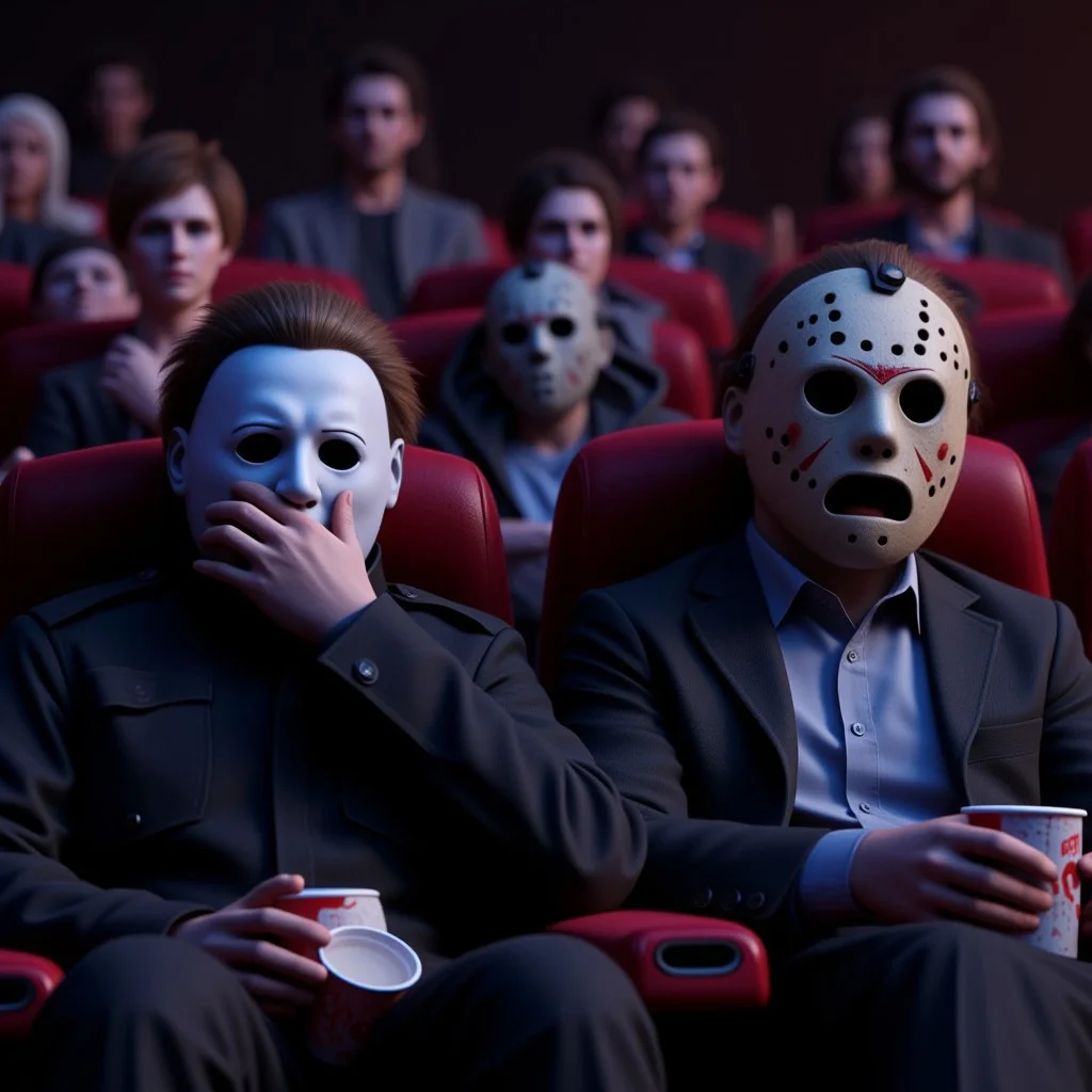 hyper detailed Michael Myers wearing a white captain kirk mask and Jason Voorhees wearing a hockey mask, with popcorn cups on their laps are sitting in the front row of the cinema, watching a movie. The terrified Michael Myers is covering its face with its hand, while Jason voorhees screams in horror with huge, frightened eyes. Various people sitting behind them. Art by Ash Thorp. Cinema 4D, Octane and Redshift.