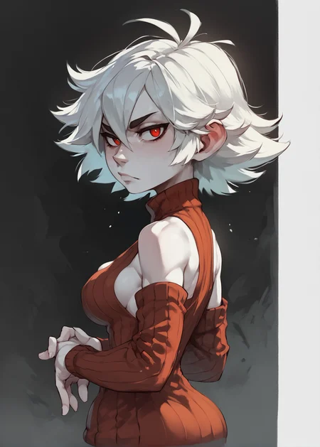 white skins, spiky red short tomboy hair, neutral expression, tight sweater, <lora:NAHIRI:1> nahiri, 1girl, solo, short hair, breasts, bare shoulders, white hair, colored skin, boob cutout, side boob,  <lora:Huffslove_Style_PonyXL:1> shortstack, source_anime, score_9_up,  score_7_up, score_8_up