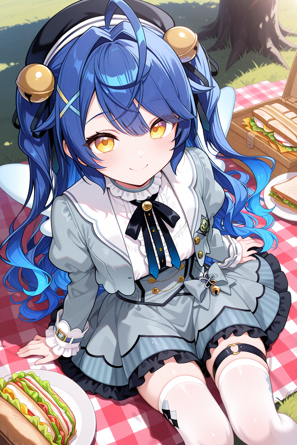 1girl, AmamiyaKokoroNijisanji,
general, solo, perspective, dynamic angle, from above,
long hair, blue hair, two side up, wavy hair,
eyelashes, yellow eyes, 
black headwear, x hair ornament, hair bell,
grey jacket,
puffy sleeves, frilled sleeves,
cropped jacket,
breasts, open jacket, 
neck bell, white shirt, 
grey dress, 
thigh strap, white thighhighs,
sitting, smile, sandwich,
outdoors, picnic, 
<lora:kp_AmamiyaKokoroNijisanji1stCostumeIllustrious_v1_0:1.0>,
masterpiece, best quality, amazing quality