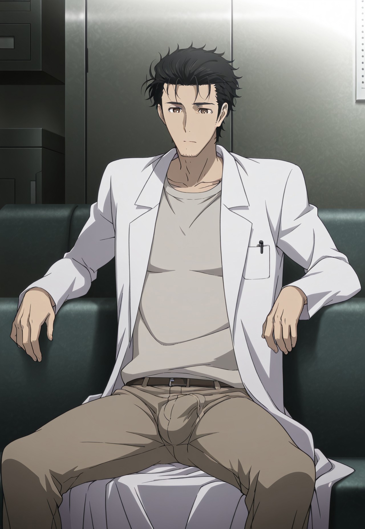 safe_pos, solo, masterpiece, detailed, uwa, huge filesize, ultra hd, best quality, (absurdres, highres), 1boy, official art, bright, 

SGOkabe, black hair, stubble, brown eyes, labcoat, shirt, brown pants. sitting down, bulge