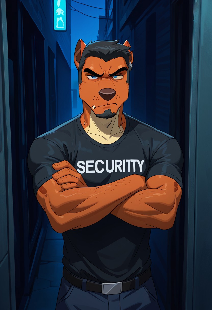 masterpiece, best quality, amazing quality, very aesthetic, absurdres, newest,  high quality, detailed, male, solo male, JasonCD, 1boy, broad shoulders, mature male, anthro, orange skin, blue eyes, black hair, thick eyebrows, facial hair, goatee, sideburns, animal ears, athletic build, black tshirt, security guard, bouncer, half lidded eyes, grumpy, scowl, looking at viewer, arms crossed, outdoors, alley, standing in front of door, guard, night (theme), club (place), volumetric lighting, detailed face, detailed eyes, short hair, ear piece
