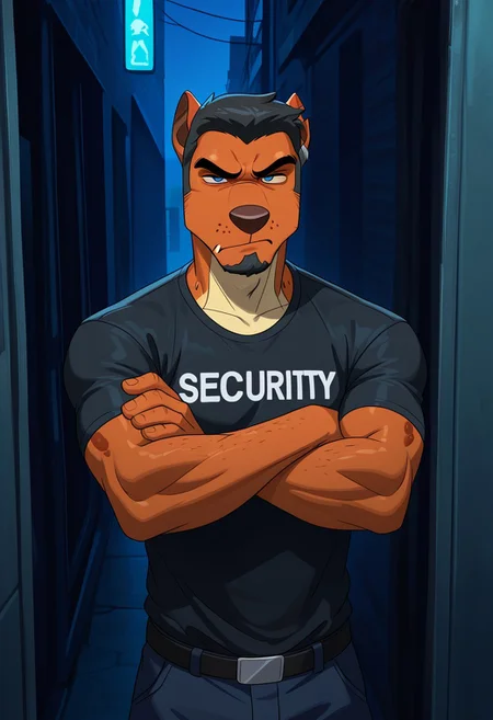 masterpiece, best quality, amazing quality, very aesthetic, absurdres, newest, high quality, detailed, male, solo male, JasonCD, 1boy, broad shoulders, mature male, anthro, orange skin, blue eyes, black hair, thick eyebrows, facial hair, goatee, sideburns, animal ears, athletic build, black tshirt, security guard, bouncer, half lidded eyes, grumpy, scowl, looking at viewer, arms crossed, outdoors, alley, standing in front of door, guard, night (theme), club (place), volumetric lighting, detailed face, detailed eyes, short hair, ear piece