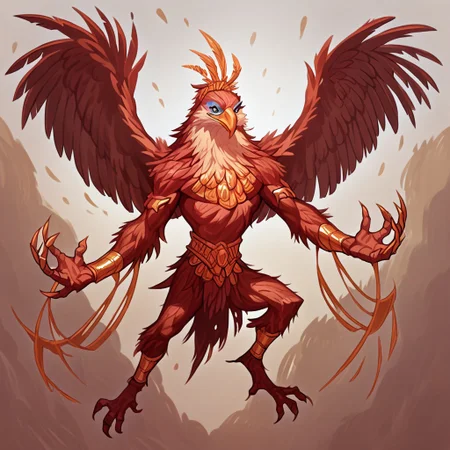 score_9, score_8_up, score_7_up, score_6_up, eagle aaracroka, monster, with gold accesories and tribals symbols, pose,dynamic composition, aaracroka like splash art,clouds background trowing clouds