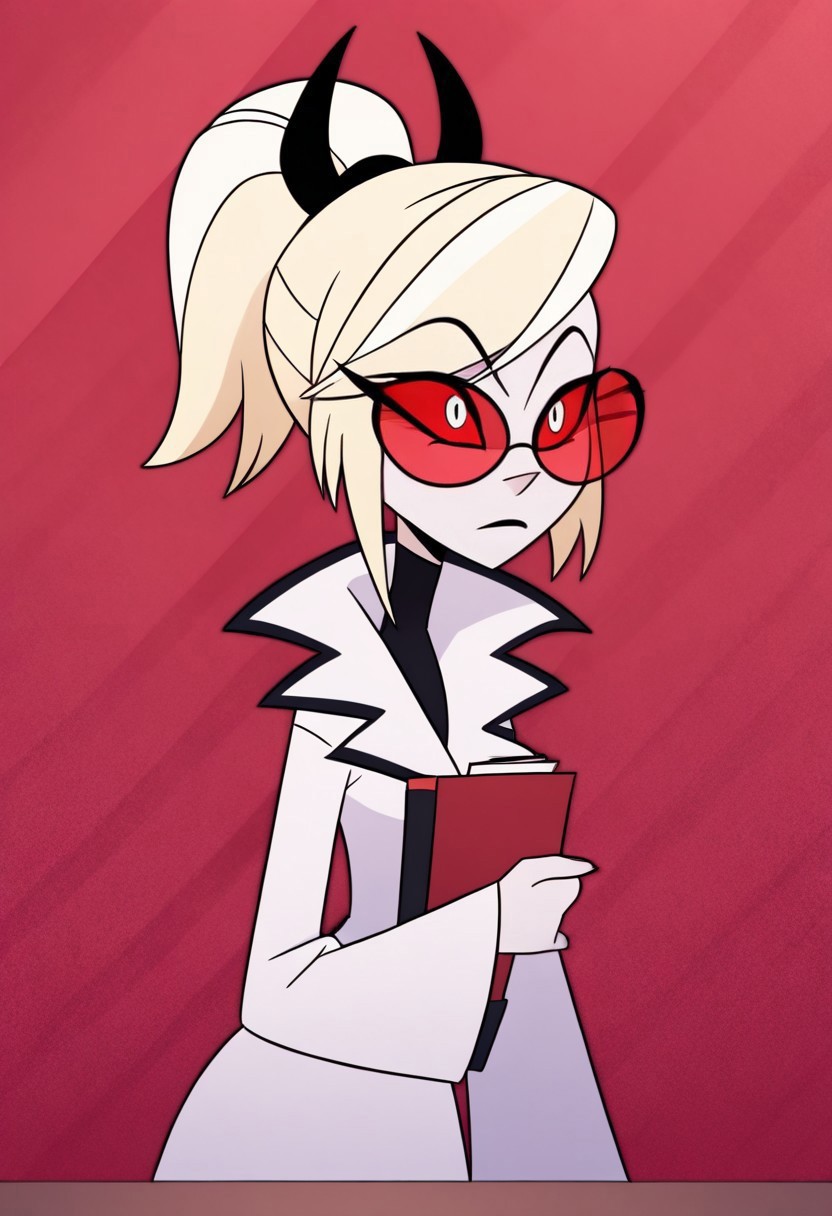 masterpiece, best quality, newest, absurdres, highres, HHp4ck-Style-V1.0, official style, 1girl, HHOVP-ODC.V1.0, blonde hair, white skin, red-tinted eyewear, glasses, red sclera, red-tinnted  colored sclera, white eyes, high ponytail, red glasses, hairband, hairband with horns, tied hair,