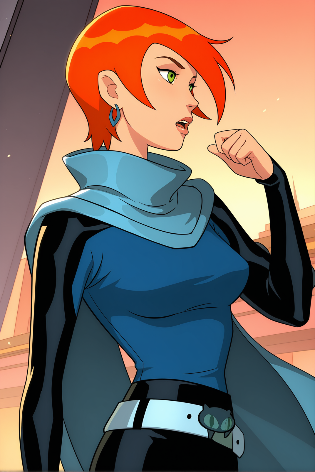 masterpiece, absurdres, futuregwenxl, 1girl, solo, short hair, open mouth, jewelry, shirt, long sleeves, green eyes, earrings, lips, belt, cape, orange hair, pants, gwen tennyson
 <lora:Future_Gwen:1>