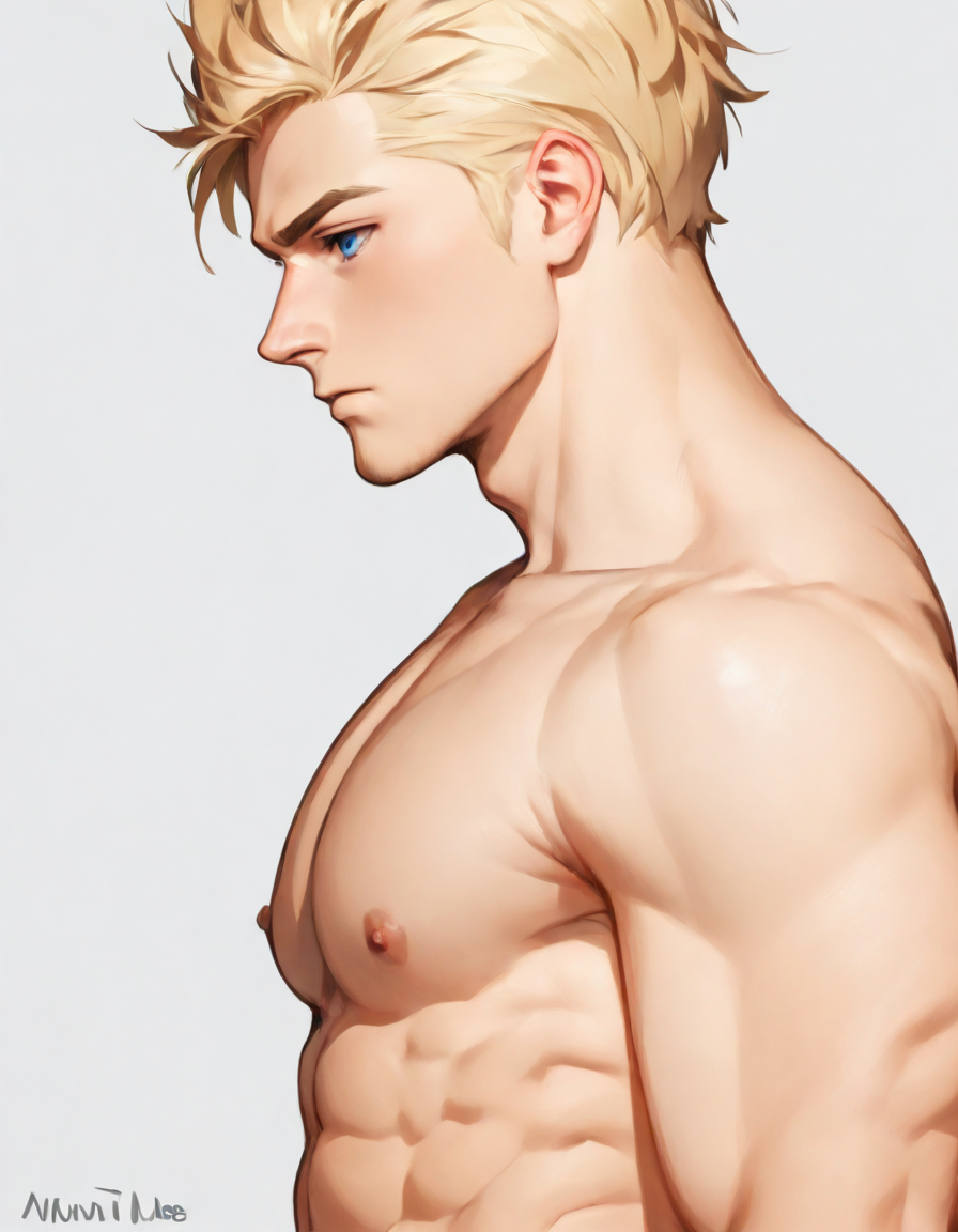 illMaleupBody, solo, short hair, blue eyes, blonde hair, simple background, white background, closed mouth, nipples, upper body, male focus, nude, artist name, from side, muscular, abs, pectorals, muscular male, bara, large pectorals, 1boy
<lora:ILLå¡é2Dç·å­ä¸èº«illMaleupBody:0.8>,