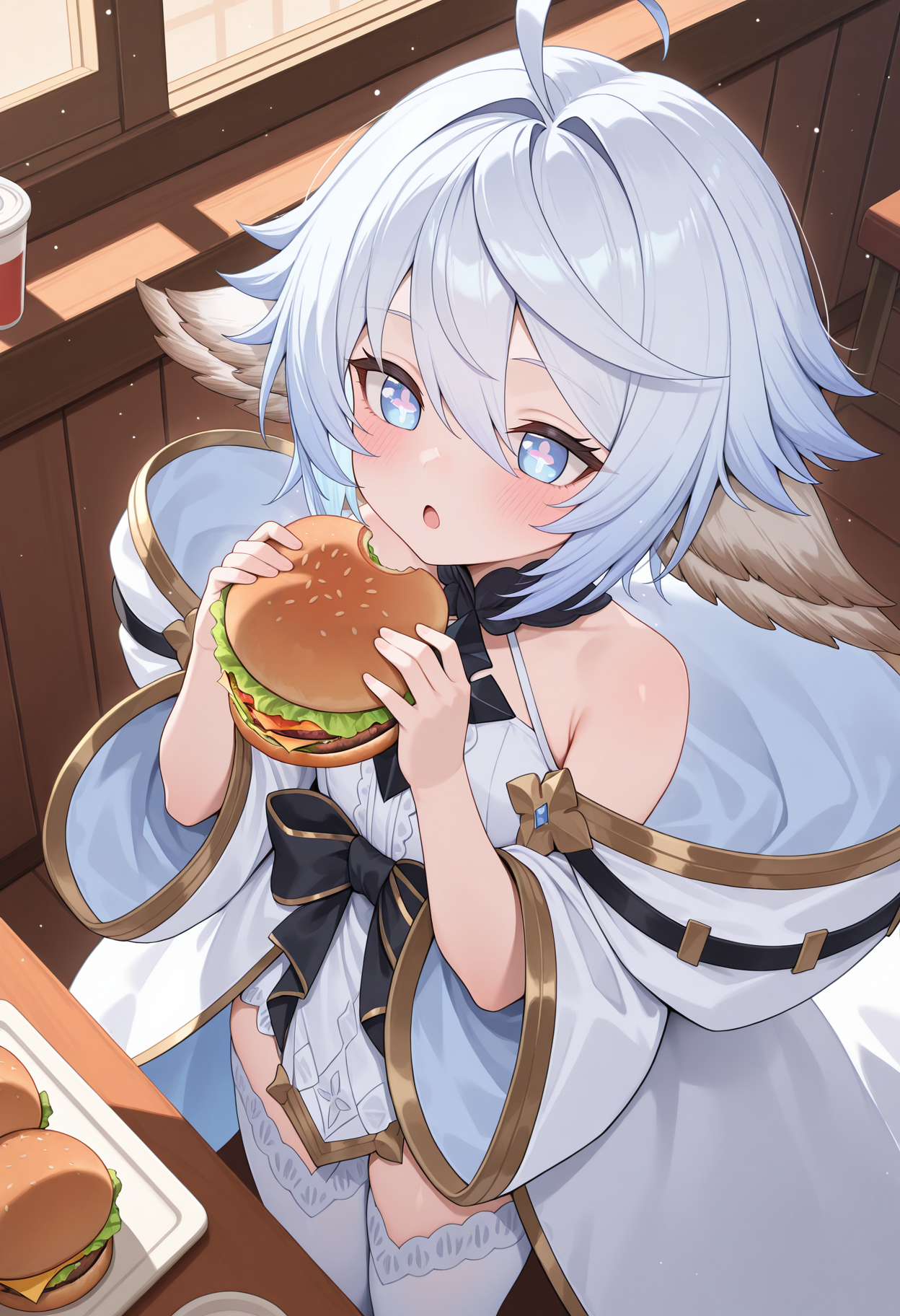 highres, best quality, masterpiece, indoors, restaurant, 
1girl, solo, gbfwam, short hair, white hair, blue hair, animal ears, ahoge, blue eyes, + +, flower-shaped pupils,
gbwmdef, white dress, black collar, cross necklace, bare shoulders, sleeveless, waist bow, black bow, white cloak, gold trim, detached sleeves, wide sleeves, white thighhighs,
blush, open mouth, expressionless,
holding burger, bright pupils, light particles, from above,
<lora:_wamdus-elesico-ilxlA:1>
